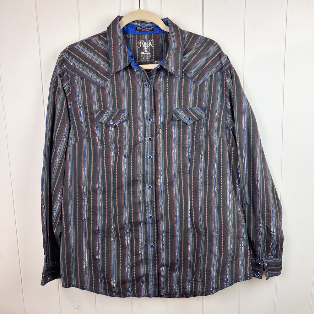 Wrangler x Rock 47 Blue Grey‎ Stripe Metallic Western Pearl Snap Shirt Size XL